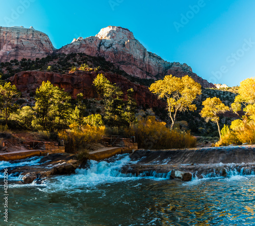 The Sentinel With Cascades On The Virgin River, Zion National Park, Utah, USA photo