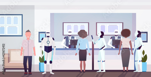 people and robots at counter tellers with robotic clerks artificial intelligence technology concept modern bank client office interior horizontal full length vector illustration