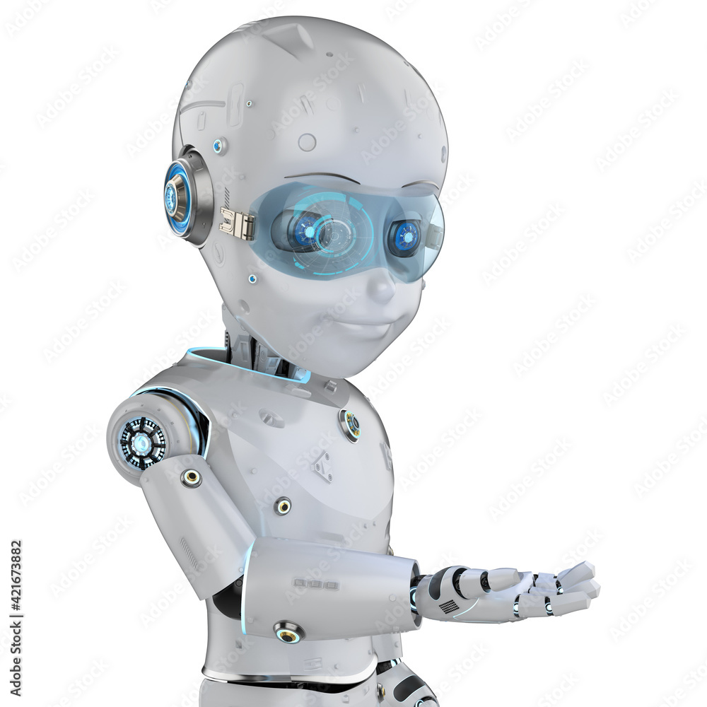 Cute robot with cartoon character open hand Cute robot with cartoon character open hand