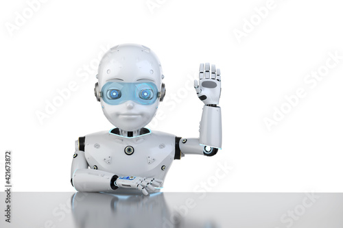 Cute robot with cartoon character greeting