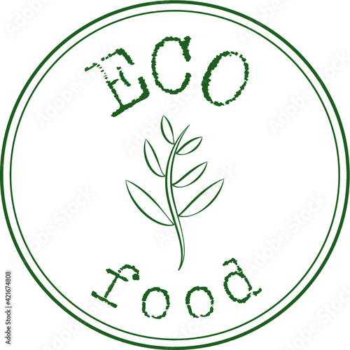 Eco food inscription with bunch leaves in circle. Ecology inspirational phrase. Green leaf label sticker stamp for cards, posters, banners design. Vegetarian, vegan dishes.  Vector illustration