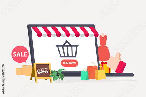 Online store via laptop set on podium with floating gift boxes aside, 3D web banner of online shopping