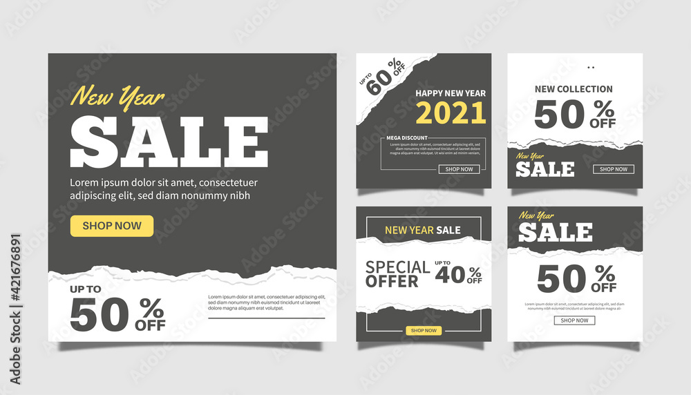 Creative vector modern happy new year 2021 sale social media post template banner collection. online web promotion. torn paper style design vector illustration