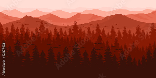 mountain landscape sunset view with nature forest scenery for poster background, social media template, background template, backdrop design template, web banner, traveling background, tourism banner 