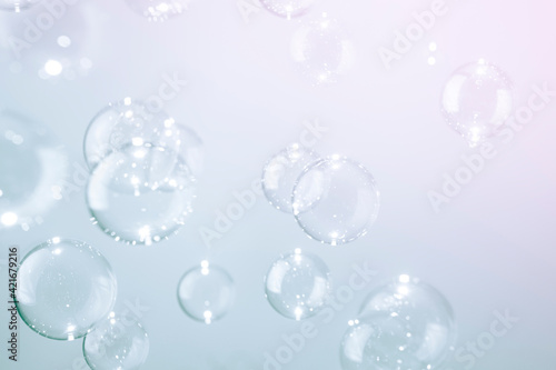 Beautiful Shiny Transparent Soap Bubbles Floating Background. 