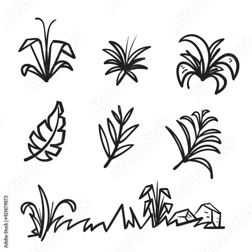 hand drawn doodle leaf and grass illustration icon isolated background