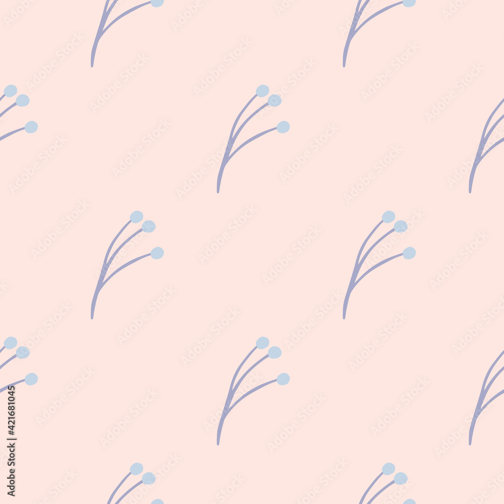 Minimalistic style seamless pattern with blue contoured branch berry ornament. Pink pastel background.