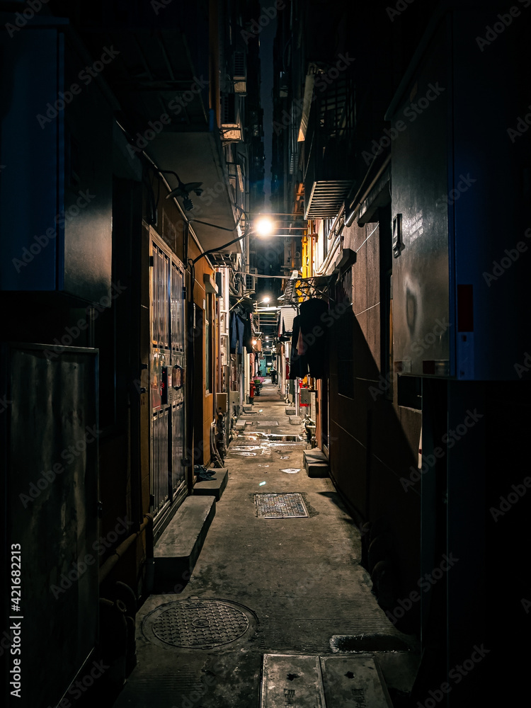 Vertical shot of dark city alley at night
