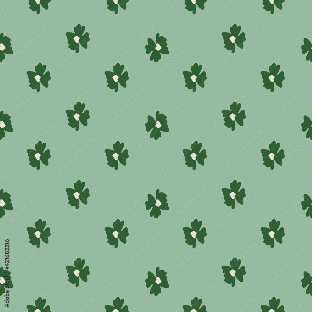Vintage seamless pattern with doodle green flower bud silhouettes print. Pale blue background.