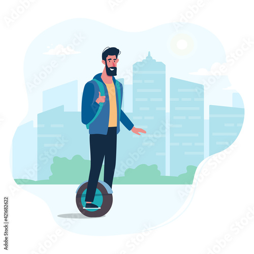 The guy is riding on a modern gyro board. Eco-friendly alternative transport, friendly to the environment. Vector illustration of a man in a flat style on the background of the city.