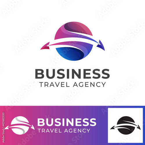 travel agency business logo. abstract around the world with plane vector icon