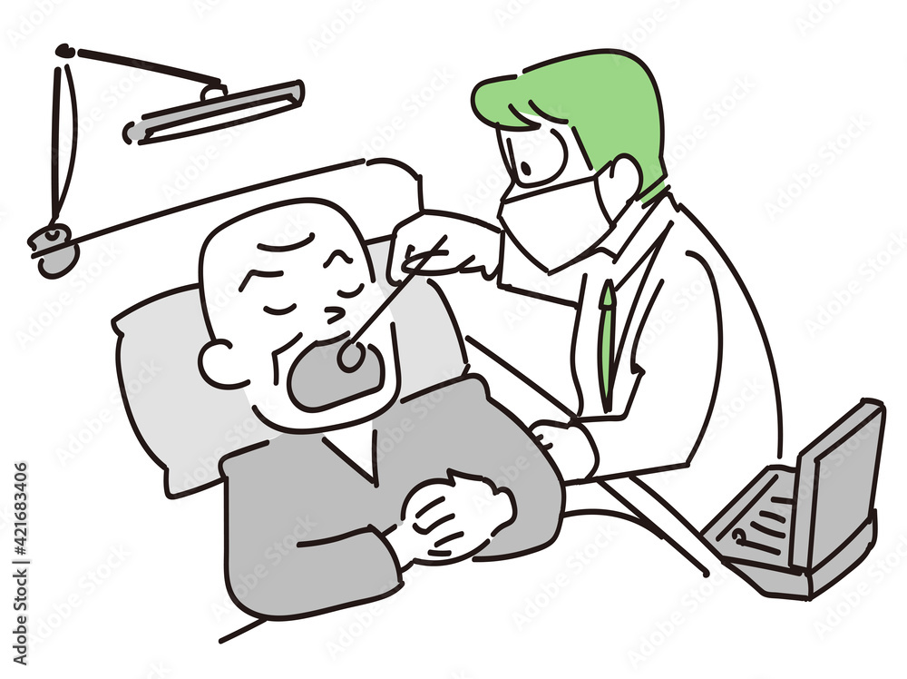 訪問歯科診療-歯の治療を受ける高齢者と出張で診察する歯医者さん