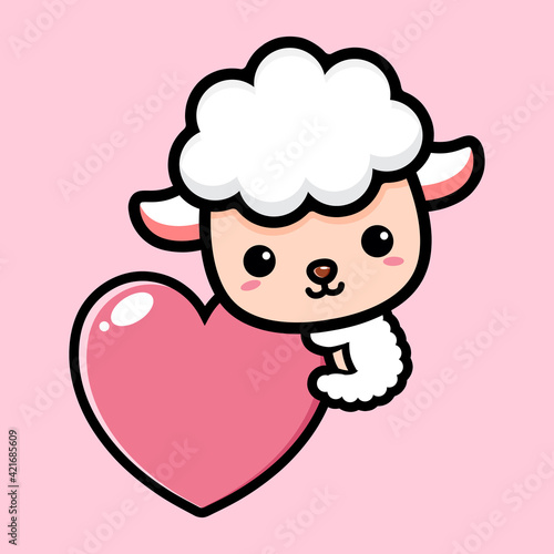 cartoon cute sheep climbing big love vector design