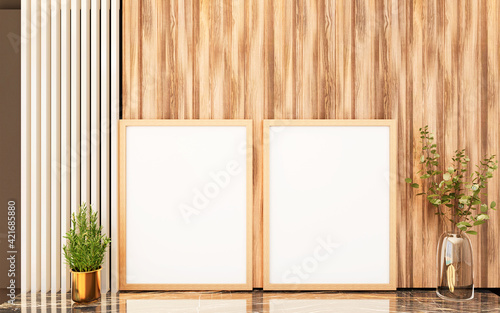 Stylish interior design of wall with mock up poster frame