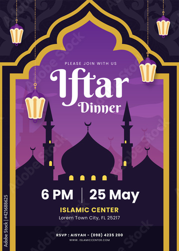 Ramadan Kareem iftar Poster background islamic symbol sillhouette mosque and lantern for breakfasting. and man praying. Vector Illustration idea concept Flat Styles.