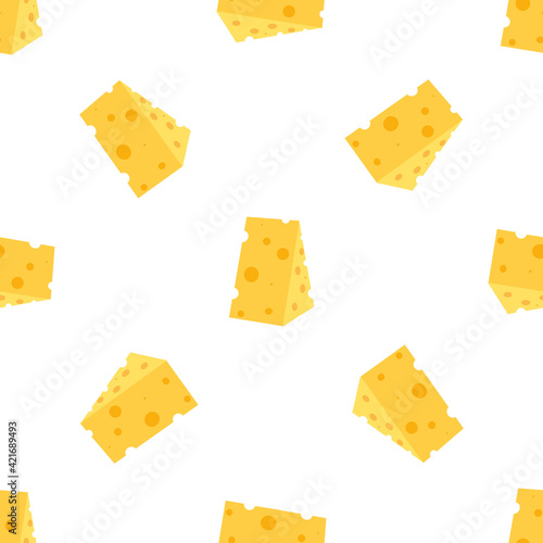 Cheese seamless pattern. Pieces of yellow cheese, isolated on a white background. Pieces of cheese of various shapes. Vector flat illustration