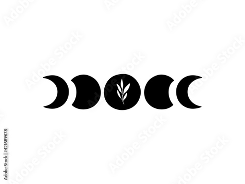 Boho vector illustration. Moon phases. Contemporary art with crescent moon and branch. Celestial t shirt print, boho poster, cards, floral moon tatoo, modern logo. Scandinavian style