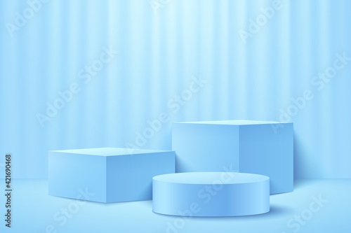 Modern light blue cube and cylinder step pedestal podium with curtain background. Abstract vector rendering 3d shape for cosmetic products presentation. Pastel minimal wall scene studio room.
