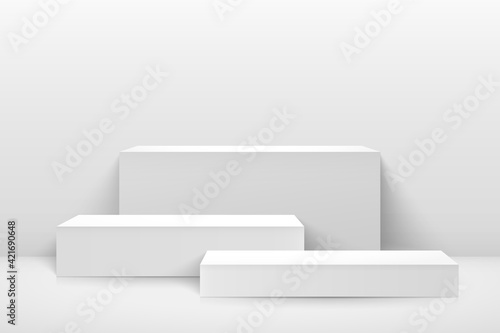 Abstract vector rendering 3D shape for products display presentation. Modern white, grey cube step pedestal podium, Empty room background. Minimal wall scene, Studio room concept. vector eps10