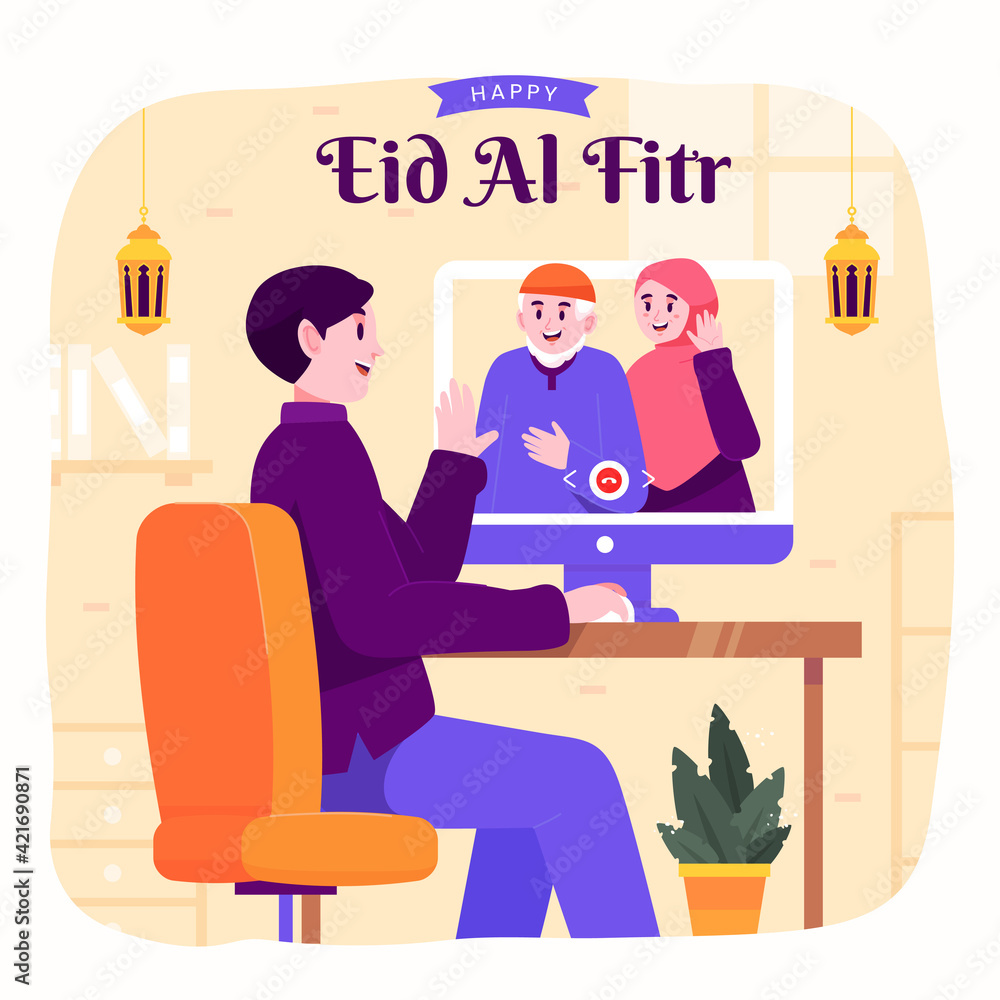 Ramadan kareem mubarak happy moslem family celebrating eid al fitr video call through internet, distance internet, with man and parents. suitable for Greeting card, invitation and banner. flat vector