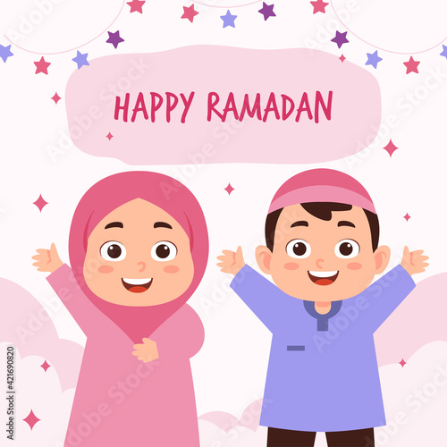 Moslem enjoying ramadan kareem mubarak kid together in happiness during fasting with  suitable for Greeting card, invitation and banner. flat vector illustration