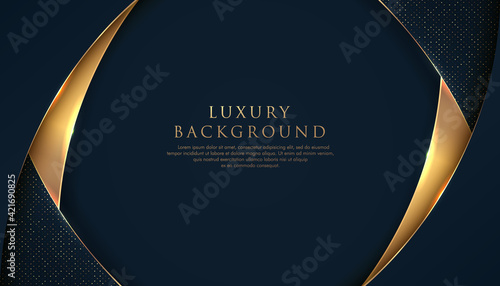 Abstract curve overlapping on dark blue background with glitter and golden lines glowing dots golden combinations. Luxury and elegant design. Vector illustration