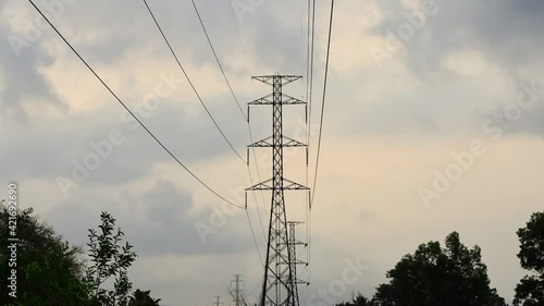 Electricity pole with silhouette sunset sky, Electricity pylon with shadow of tree in dawn time