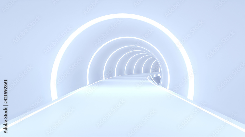 Obraz premium 3D Scene. The tunnel has layers of neon lights. And has a platform for product placement.