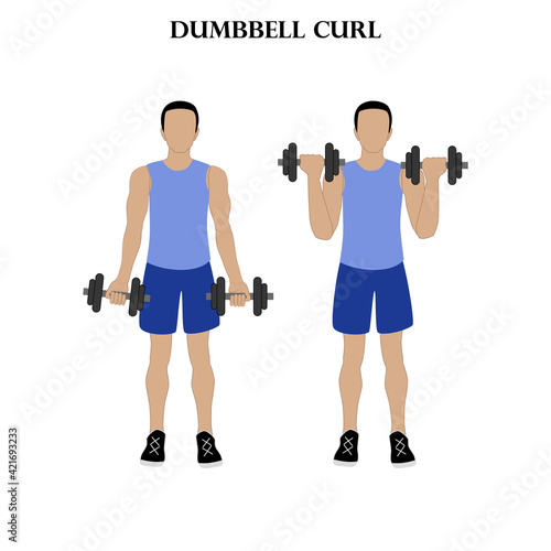 Dumbbell curl workout exercise. Healthy lifestyle vector illustration