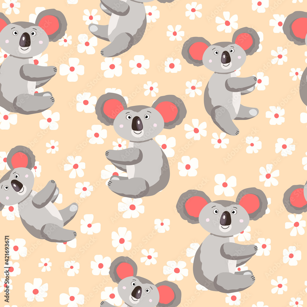 Seamless pattern with cute koala baby and flowers on color background. Funny australian animals. Card, postcards for kids. Flat vector illustration for fabric, textile, wallpaper, poster, paper Seamless pattern with cute koala baby and flowers on color background. Funny australian animals. Card, postcards for kids. Flat vector illustration for fabric, textile, wallpaper, poster, paper