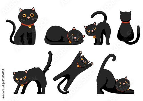 Set of Cute Black Cats Set Isolated on White Background