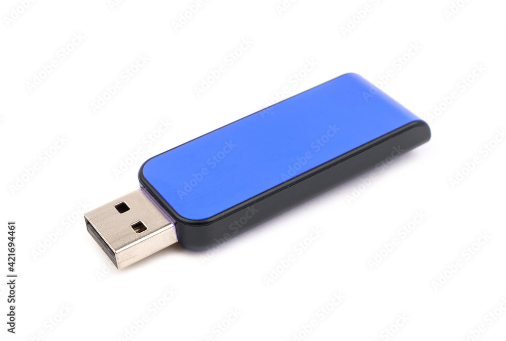 USB Blue flash drive memory on a white background, selective focus USB Blue flash drive memory on a white background, selective focus