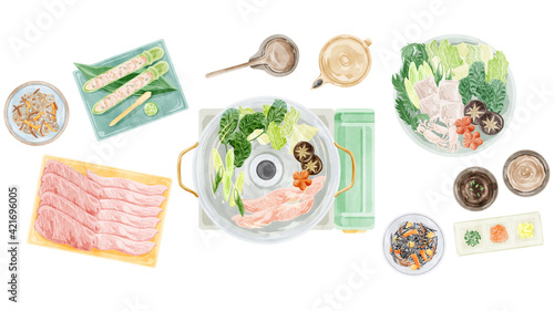 しゃぶしゃぶパーティー食事風景水彩手書きイラスト