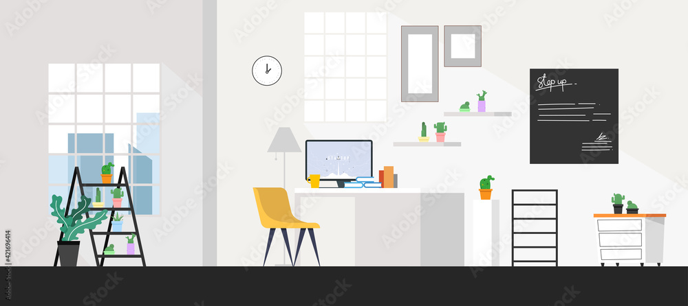 Office rooms, modern interiors, offices with business computers And is a convenient business operation Vector illustration