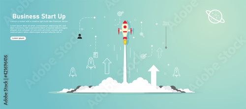 Rocket launched on cloud and blue sky filled with stars, universe with paper art, craft model. Business startup project concept, vector illustration on black background