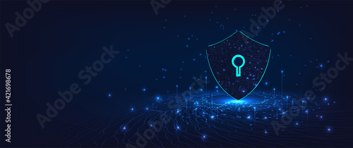 Cyber security.Shield symbol on dark blue background.Illustrates cyber data security.Vector illustration 3D protection. 