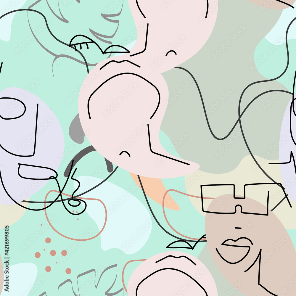 Obraz premium One line drawing. Abstract face seamless pattern.