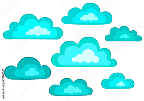 Set of blue fluffy clouds. Cloud shapes in flat cartoon style. Colorful vector. Isolated on white background. Hand drawn elements for cards, stickers, goods, fabrics, backgrounds, packaging and design