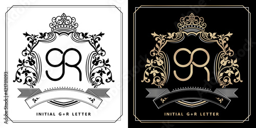 GR royal emblem with crown, black white and black golds labels, initial letter and graphic name Frames Border of floral designs, GR Monogram, for insignia, initial letter frames, wedding couple name.