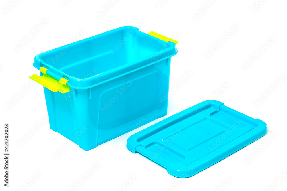 Open blue plastic box on white background Open blue plastic box on white background