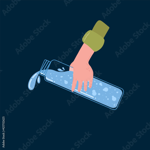 A man's hand with a bottle pours water. The concept of pouring drinking water. A poster about thirst and lack of drinking water. Vector illustration of a flat. Vector illustration