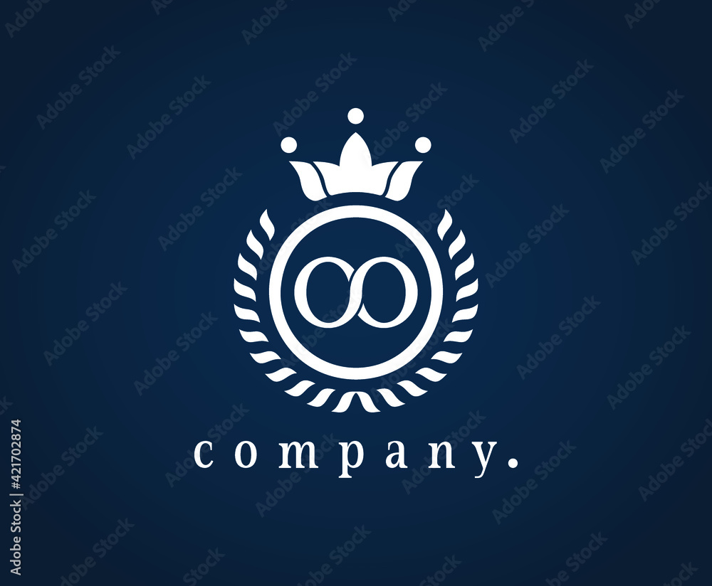 Letter OO, O luxury crown monogram. Laurel elegant beautiful round identity. The vintage emblem for Royalty, Restaurant, Boutique, Hotel, Heraldic, Jewelry, Cafe, Brand name, label. Eps 10.