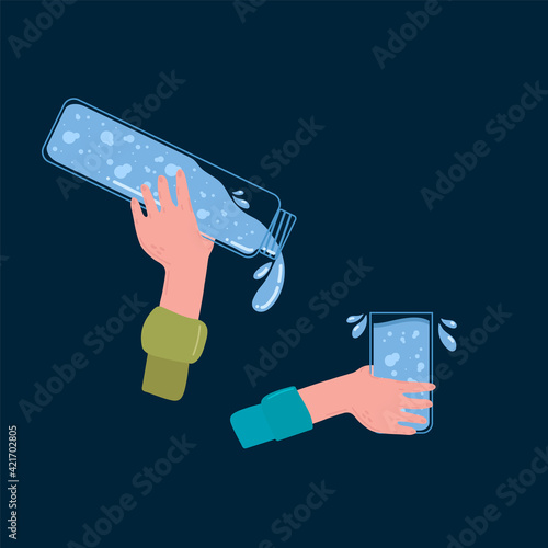 Hands with a bottle and a glass of drinking water. The concept of thirst and lack of drinking water. Poster for drinking water support. Vector illustration of a flat. Vector illustration