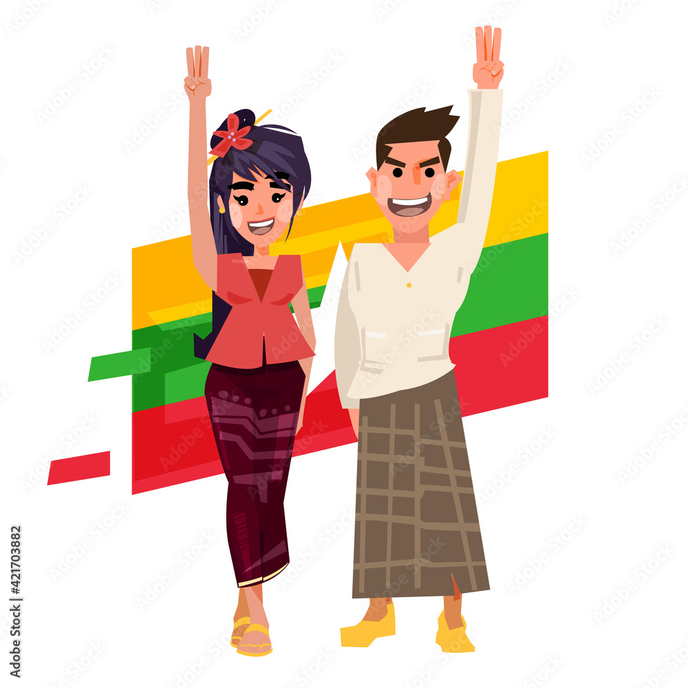 Myanmar man hand women rise hand with three finger - vector illustration