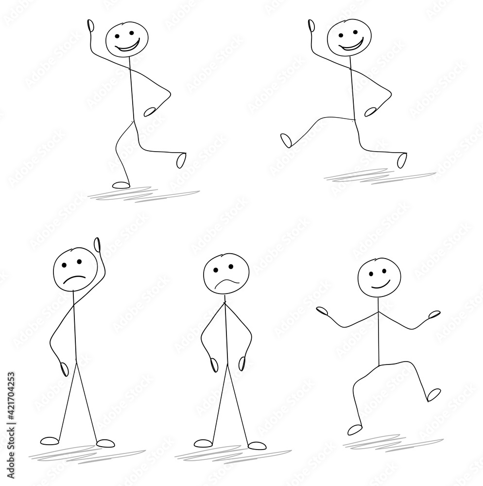 a set of little men with different emotions in different poses, standing, walking, jumping, running isolated on a white background a set of little men with different emotions in different poses, standing, walking, jumping, running isolated on a white background