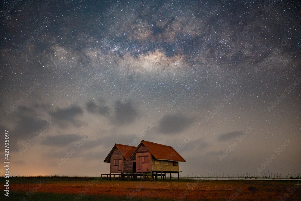 Milky Way with old house at Phatthalung Thailand  