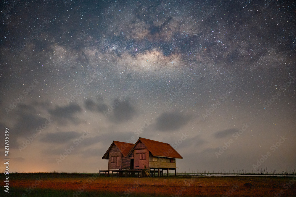 Milky Way with old house at Phatthalung Thailand Milky Way with old house at Phatthalung Thailand
