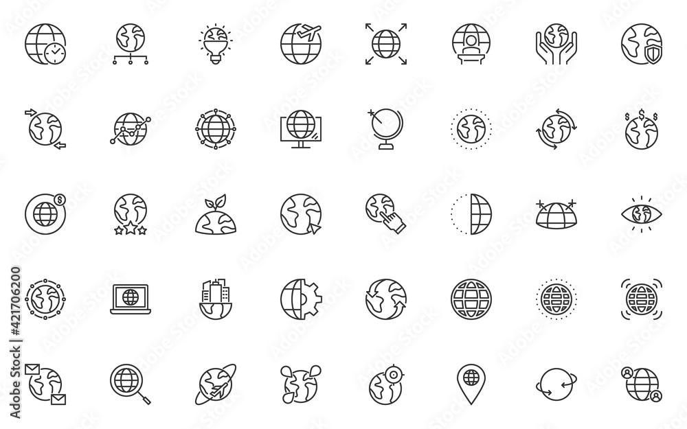 set of world thin line icons, globe, global, internet, communication
