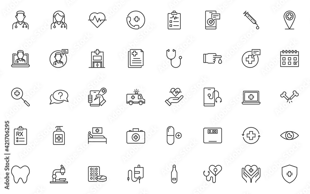 set of healthcare thin line icon, online healthcare, hospital, doctor