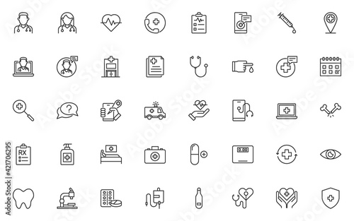 set of healthcare thin line icon, online healthcare, hospital, doctor